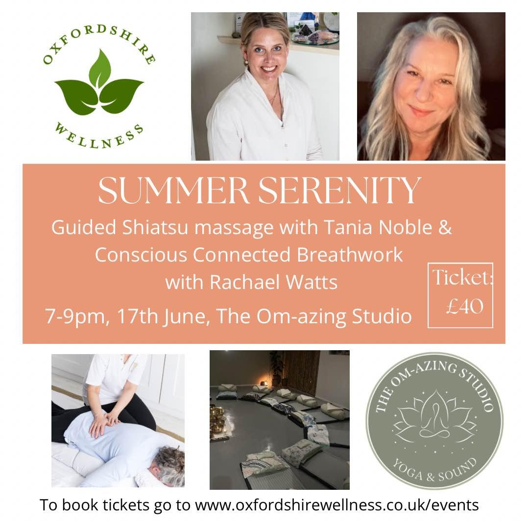 Summer Serenity event image explaining the event is guided shiatsu massage, and breathwork.