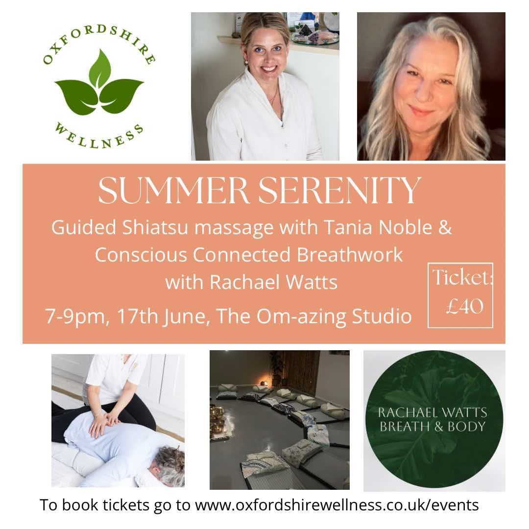 Summer Serenity event image explaining the event is guided shiatsu massage, and breathwork.